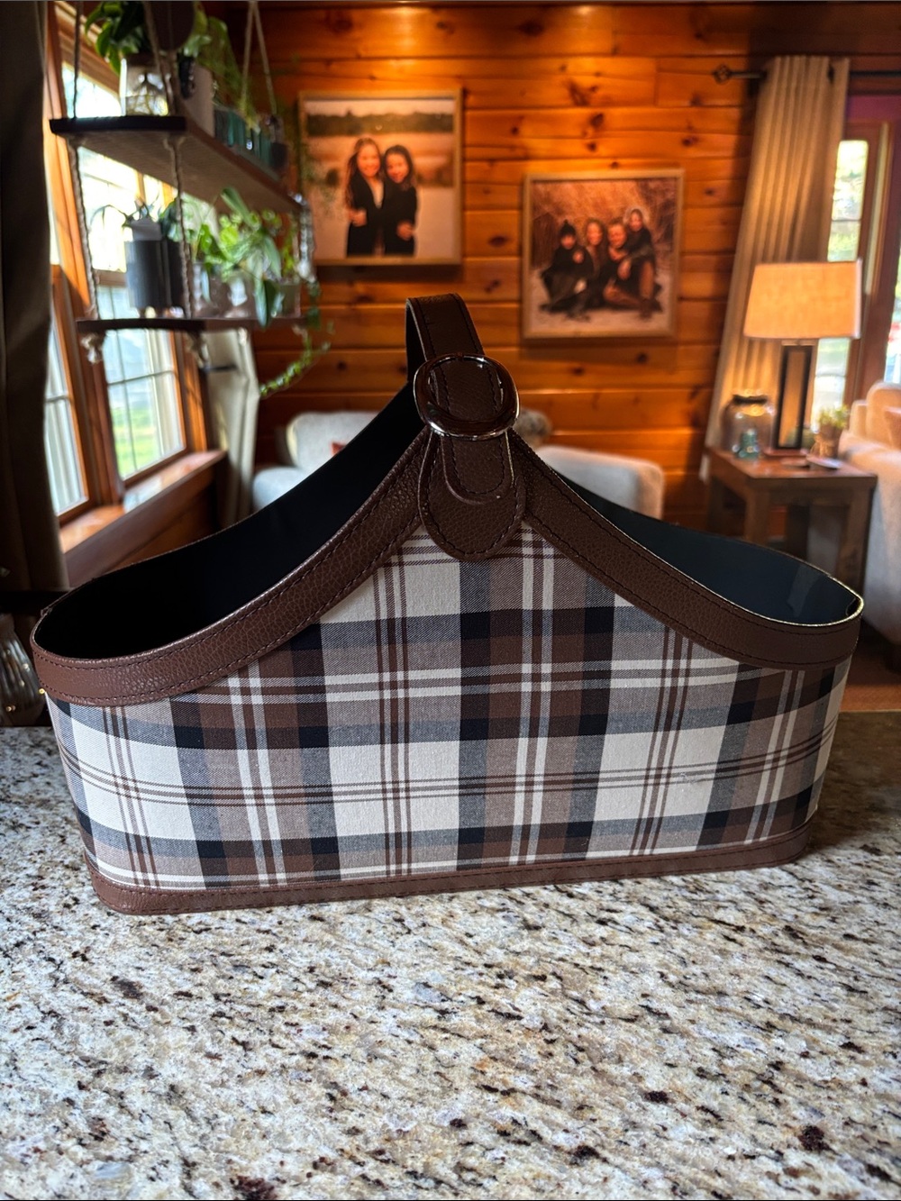 Target Brown and Cream Plaid Fabric Storage Tote with Faux Leather Handle